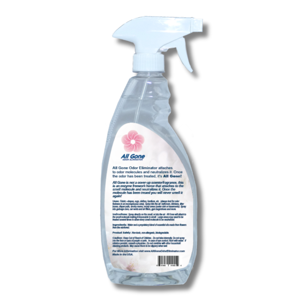 Back of All Gone Odor Eliminator bottle showing directions, ingredients, and safety information for kitchen, bathroom, pet, and smoke odor removal