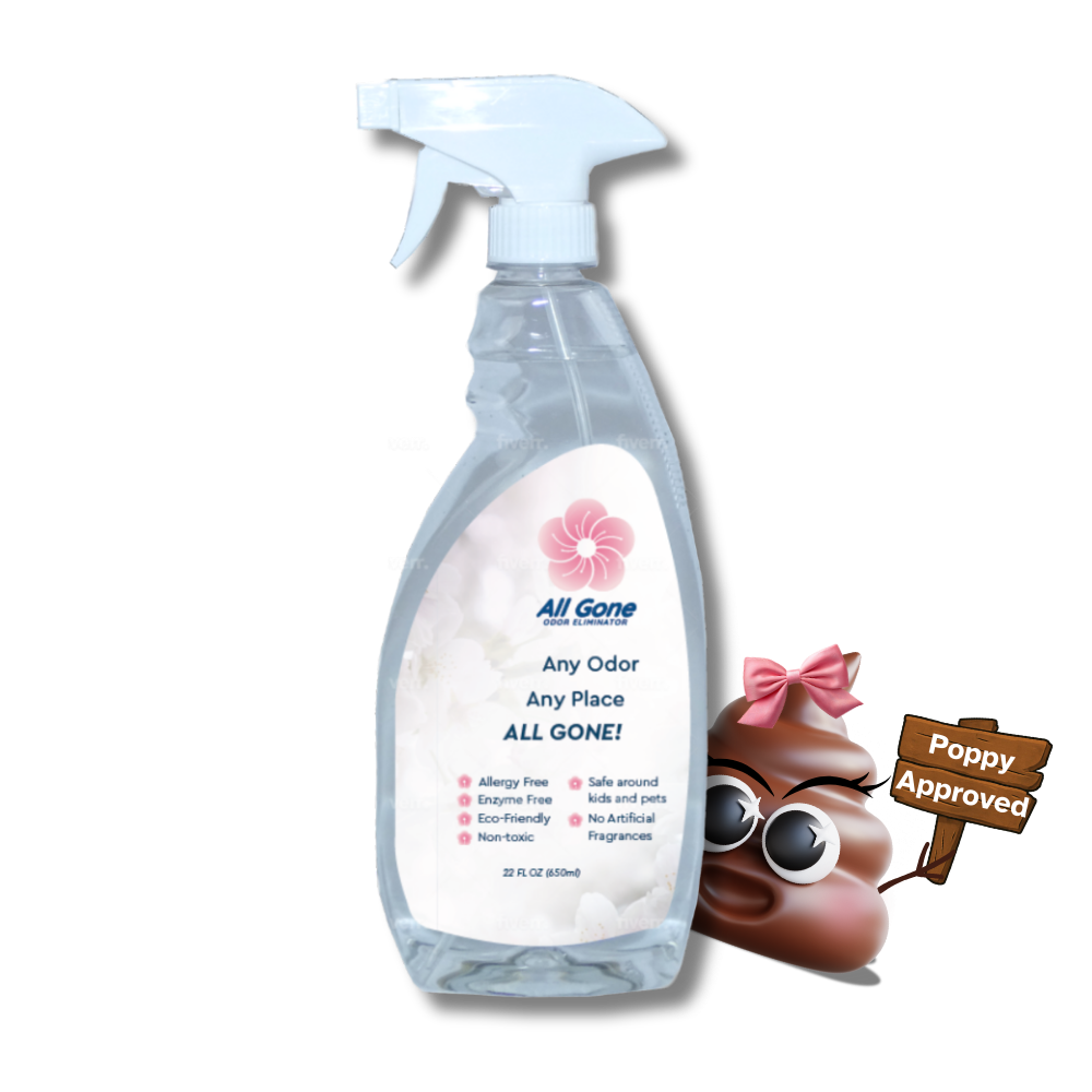 All Gone Odor Eliminator bottle with Poppy Poo holding a "Poppy Approved" sign, fast odor remover for kitchen, bathroom, pets, and smoke