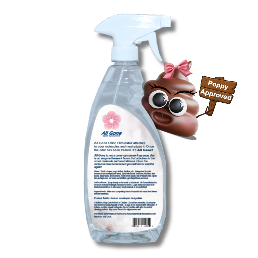 All Gone Odor Eliminator in the kitchen with Poppy Poo holding a "Poppy Approved" sign, eliminating cooking and food odors