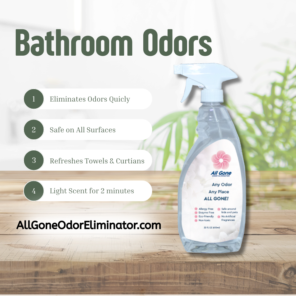 All Gone Odor Eliminator removing bathroom odors from toilets, sinks, and rugs