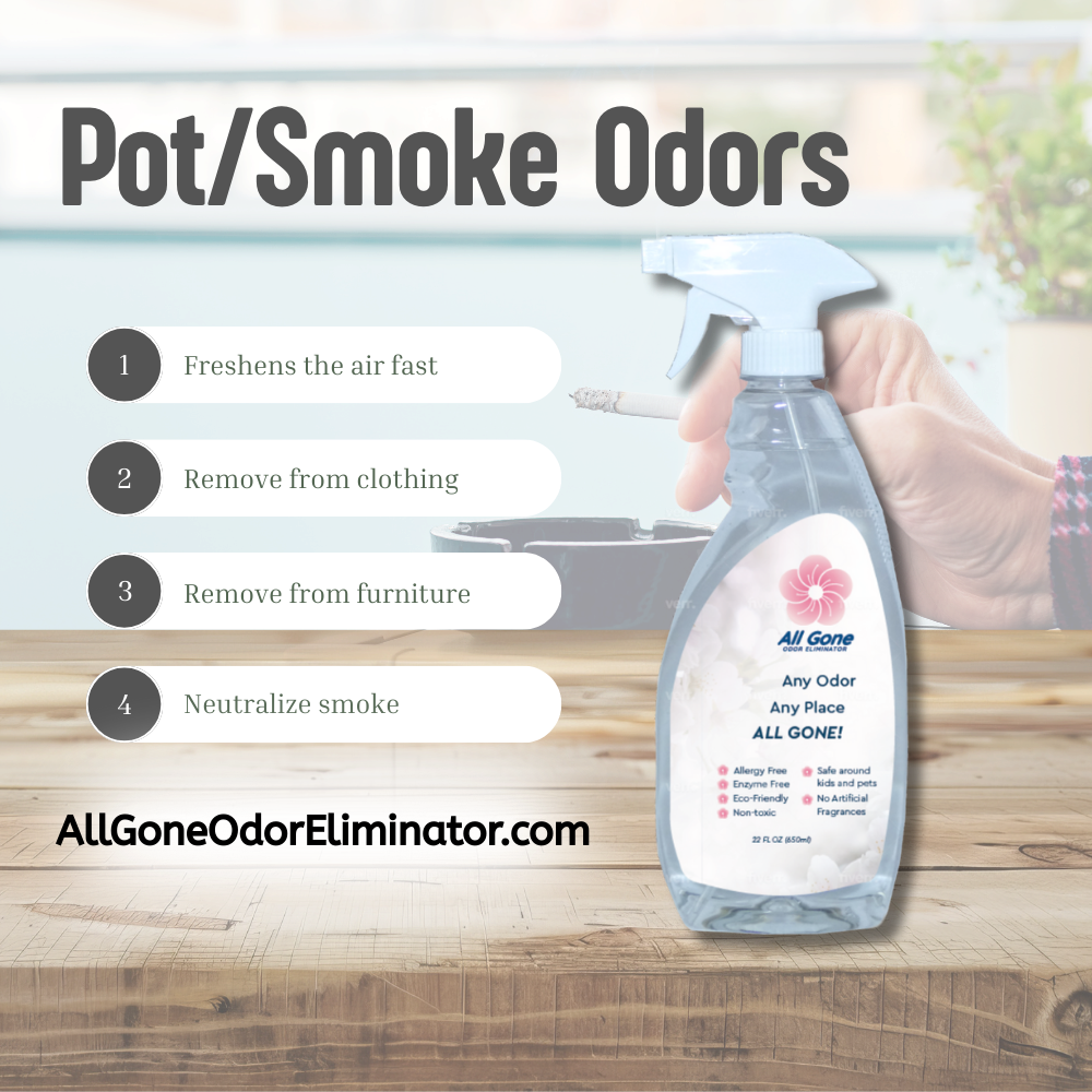 All Gone Odor Eliminator removes pot and smoke odors, with background of person smoking a cigarette