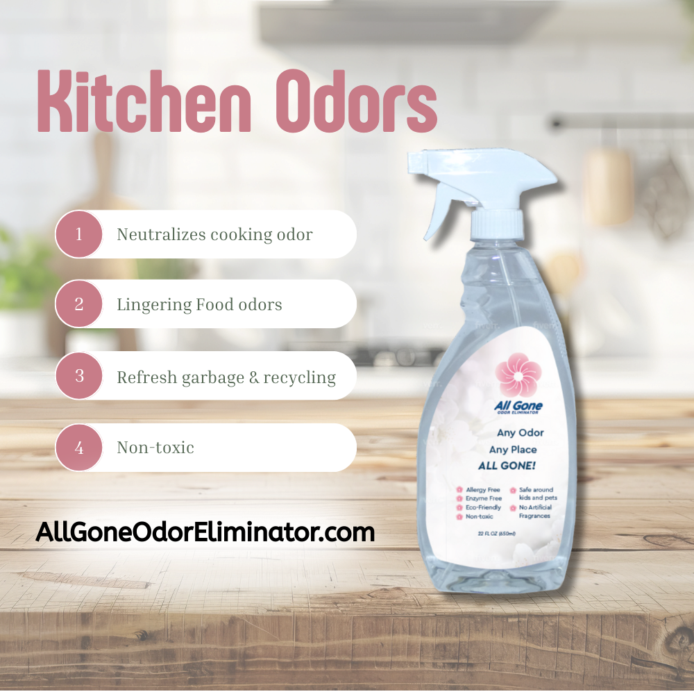 All Gone Odor Eliminator spray in the kitchen, removing cooking and food odors from countertops, trash, and appliances