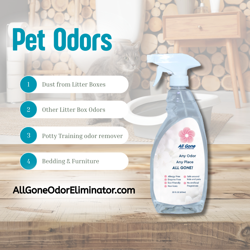 All Gone Odor Eliminator removing pet odors from carpets, furniture, and litter boxes