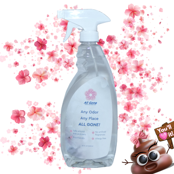 All Gone Odor Eliminator bottle in center with Poppy Poo holding ‘You’ll Love It’ sign in corner and cherry blossoms floating in background