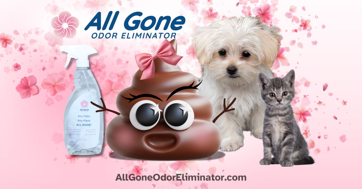 Poppy Poo holding All Gone Odor Eliminator bottle with a kitten and puppy, cherry blossoms floating in background