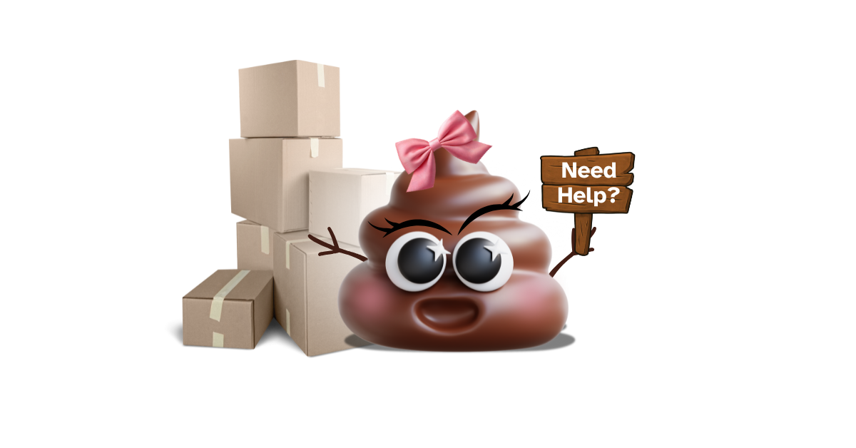 Poppy Poo standing in front of packing boxes holding a ‘Need Help?’ sign, representing customer support for All Gone Odor Eliminator