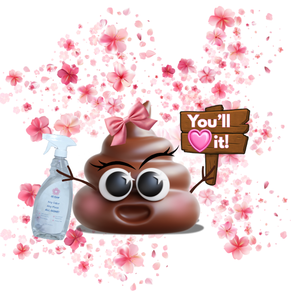 Poppy Poo mascot holding a bottle of All Gone Odor Eliminator with a sign saying You'll love it.