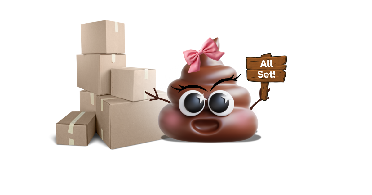 Poppy Poo holding an ‘All Set!’ sign with packing boxes behind her, representing simple shipping and easy returns for All Gone Odor Eliminator