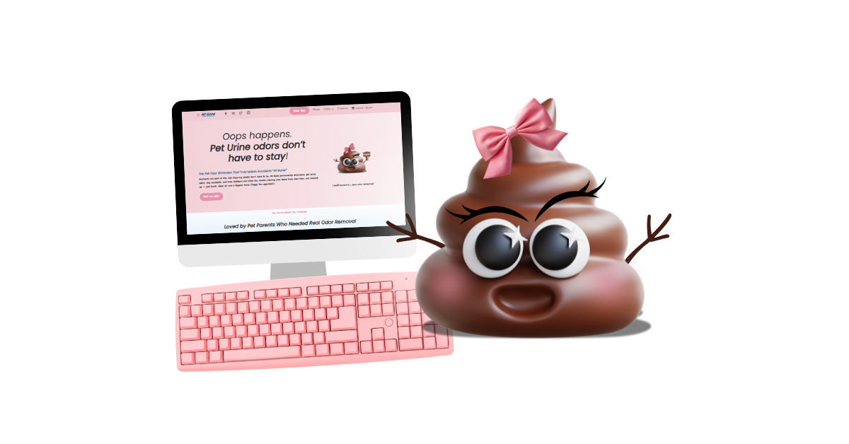 Poppy Poo with a laptop representing data protection and secure shopping on All Gone Odor Eliminator site”